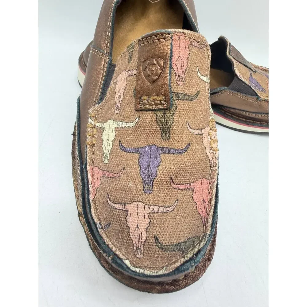 Ariat Cruiser Slip On Shoes Brown Longhorn Print Women's US 9B Leather